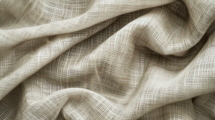 Light beige linen fabric texture background. Creased linen material. Crumpled linen fabric.