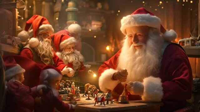 Group of Santa Clauses Engaged in a Chess Game, Santa Claus and his tiny worker elves in the workshop, North Pole, Movie style, Cinematic lighting dramatic action, Fun emotion, AI Generated