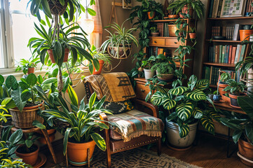 "Botanical Reading Retreat: Chair, Bookshelves, and Lush Greenery