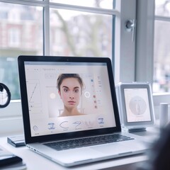 A modern workspace with a laptop displaying facial analysis software, highlighting beauty and skincare technology applications.
