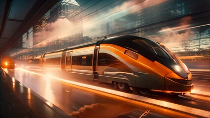 A train passes through a bustling train station surrounded by towering city buildings, Shot of ultra fast modern train driving to his destination, fastest public transport, AI Generated