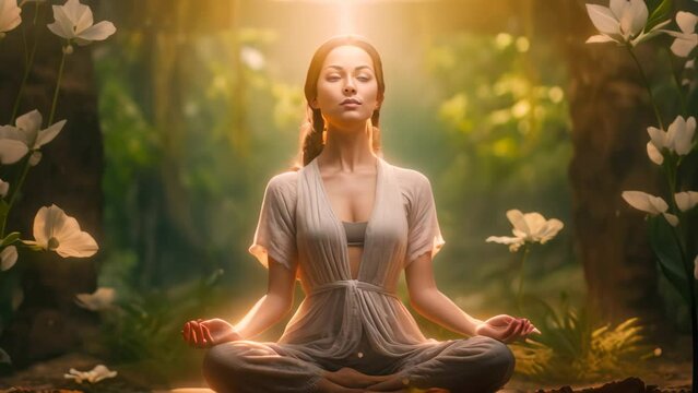 A woman peacefully practicing yoga as she sits in a lotus position amidst the serene beauty of a forest, Serene meditation and wellness, AI Generated
