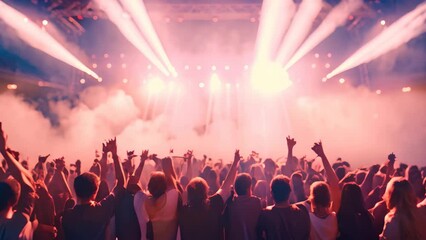 A diverse crowd of people standing on top of a stage, enjoying a concert or event, Silhouetted concert crowd rejoices under vibrant stage lights at music festival, AI Generated