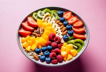 A vibrant smoothie bowl cafe, bowls filled with colorful fruits, nuts, and seeds, a visual and nutritional delight.