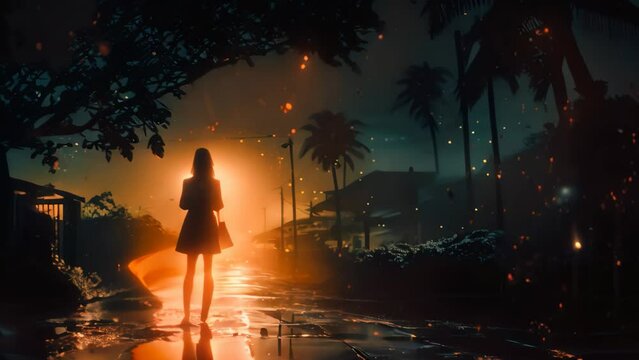 A woman gracefully walks down a dimly lit street at night, surrounded by the soft glow of streetlights, Silhouette of a young woman walking home alone at night, AI Generated
