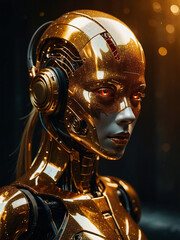 Goldener weiblicher Android mit leuchtenden Augen in dunkler Umgebung und starren Blick