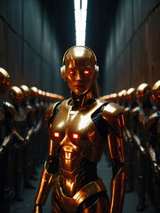 Goldener weiblicher Android mit leuchtenden Augen in dunklem Beton-Tunnel und starren Blick, eine Armee von Robotern im Hintergrund
