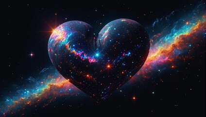 Glitzernde dreidimensionales Herz im leuchtenden Weltall mit Galaxien und Sternen - obrazy, fototapety, plakaty