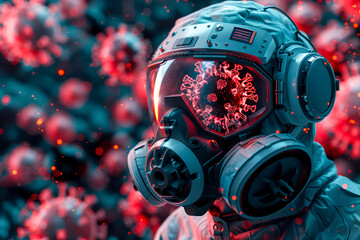 Astronaut helmet with a reflection of virus particles, surrounded by floating red virus illustrations