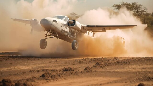 A small plane glides effortlessly over a barren dirt field, showcasing the beauty of flying amidst natures simplicity, Small prop plane landing on a dirt landing strip in Africa, AI Generated