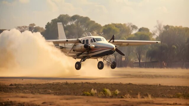 A small plane is seen in the midst of takeoff as it makes its way down a dirt runway, Small prop plane landing on a dirt landing strip in Africa, AI Generated