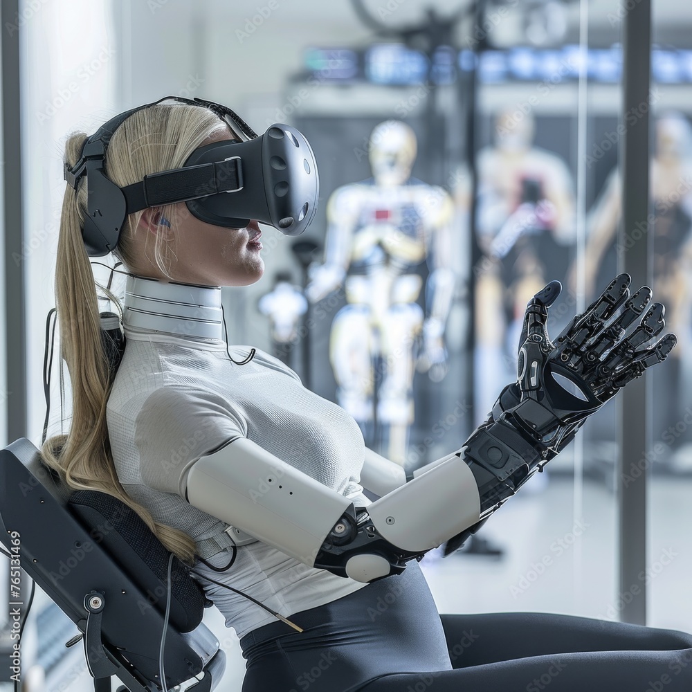 Poster a professional trains with an ai-powered vr headset and bionic arms, showcasing cutting-edge technol
