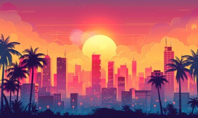 Fototapeta premium a city skyline at sunset, in the 80s style, retro warm colors Generative AI