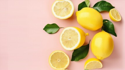a group of lemons sitting on top of a pink surface next to leaves and a slice of lemon on top of the other half of the whole lemon.