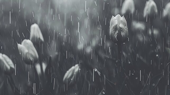a black and white photo of a flower in the rain with drops of water on the petals and a blurry background.