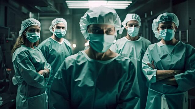A group of skilled surgeons standing side by side in a well-equipped operating room, ready to perform a surgical procedure, Some doctors stand in front of the camera, medical theme, AI Generated