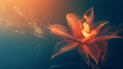 An abstract flower ablaze with luminous petals and a smoky dark blue background.