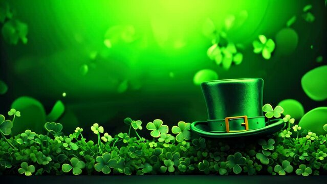 Green Hat and Clovers on Green Background for St Patricks Day Celebration, St, Patrick's Day background featuring a leprechaun hat and clover, AI Generated