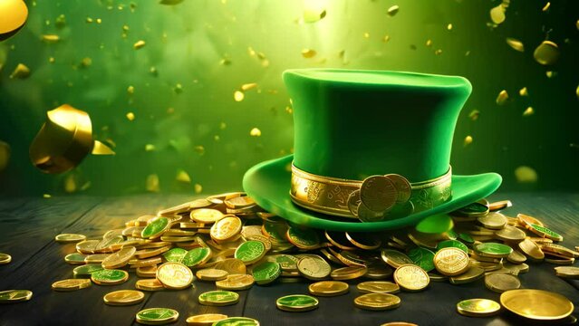 A vibrant green top hat rests atop a stack of gleaming coins, creating a striking image of wealth and style, St, Patrick's Day background with a leprechaun hat and gold coins, AI Generated