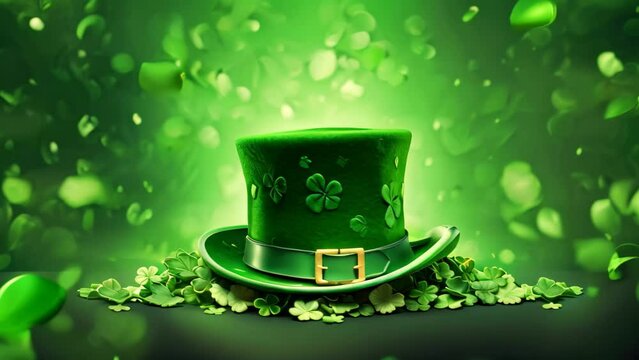 A photo capturing a green hat embellished with shamrock leaves, designed for festive celebrations on St Patricks Day, St, Patrick's Day background featuring a leprechaun hat and clover, AI Generated
