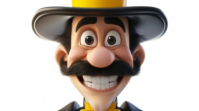 Cheerful cartoon man with mustache and top hat. 3D rendering.