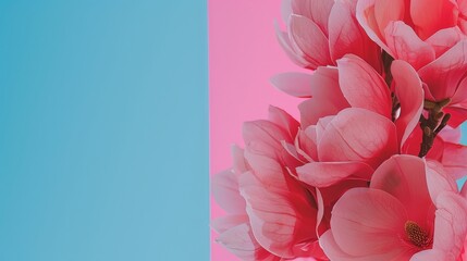 a bunch of pink flowers sitting on top of a blue and pink background with a blue sky in the background.