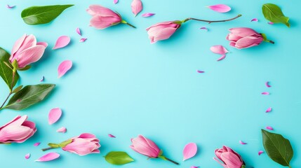 pink flowers on a blue background with leaves and confetti on the bottom of the image and a green leaf on the bottom of the image.