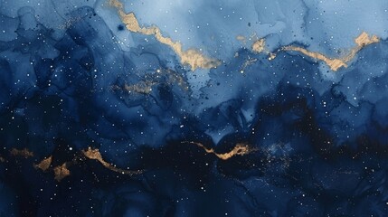 starry night sky, with deep indigo and black watercolor washes, dotted with fine specks of white and gold - obrazy, fototapety, plakaty