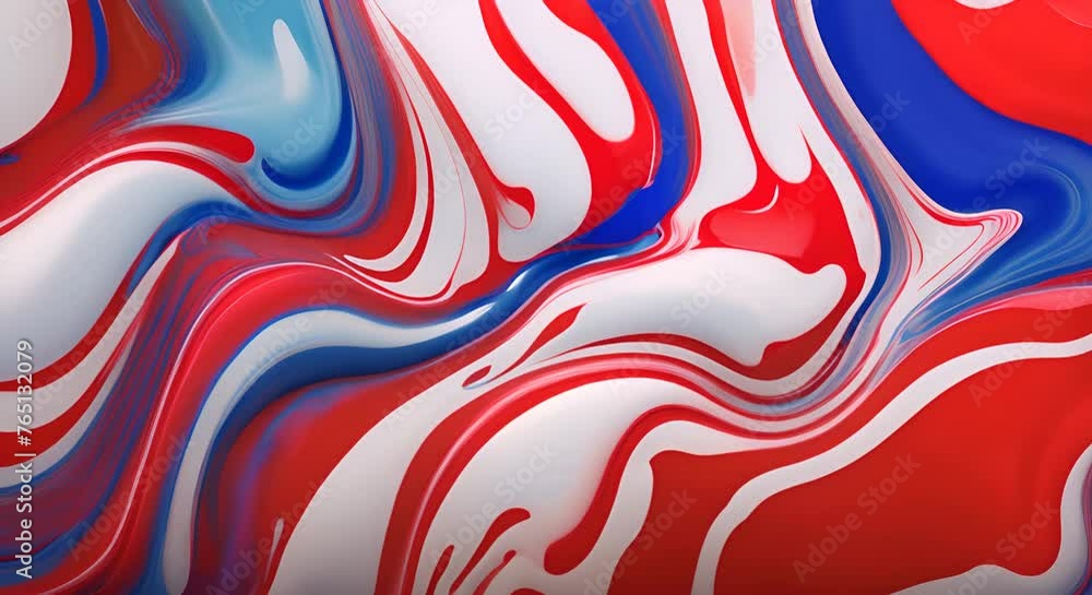 Poster mix of red white blue color paints with blended drops on fluid while forming abstract patterns again