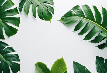 green lush glossy tropical leaves frame isolated on white background copy space center. Spa salon invitation or gift card, florist shop, eco concept store ad flyer. - obrazy, fototapety, plakaty