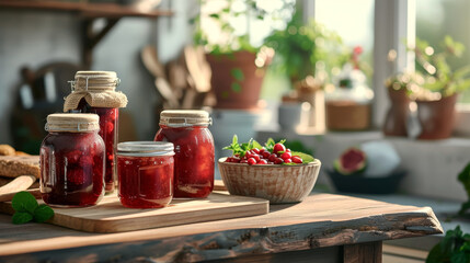 A table with four jars of jam and a bowl of berries