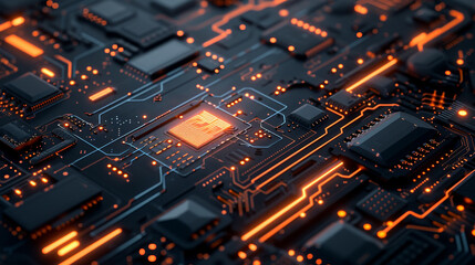 A close up of a computer chip with a bright orange background