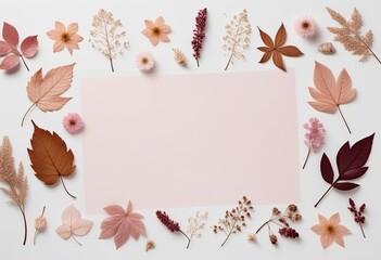 herbarium flat lay. dried plants leaves and flowers frame isolated on white background with copy space center with pastel pink paper sheet 