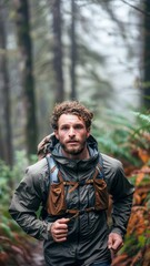 Man Hiking Through Woods. Generative AI