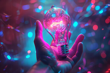 Colorful abstract painting of bright light bulb with person hand. AI Generative   - obrazy, fototapety, plakaty