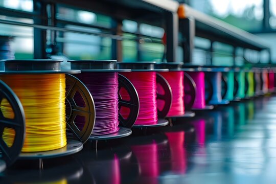 Closeup of colorful plastic filaments on 3D printer spools showcasing a variety of thermoplastic materials for additive manufacturing. Concept 3D Printing Filaments, Additive Manufacturing Materials