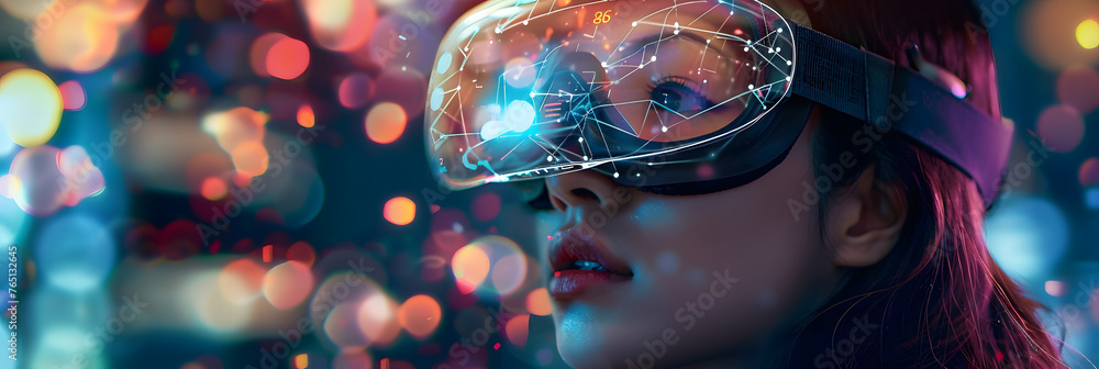 Poster girl wearing virtual reality glasses with a vr head unit shrouded in digital data and neural network