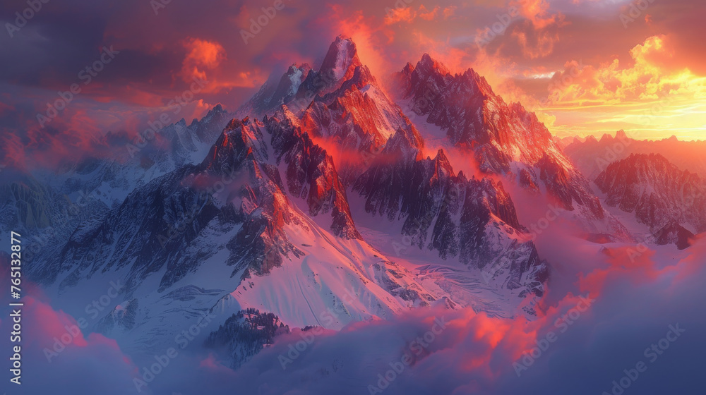 Poster A mountain range with snow and clouds in the background