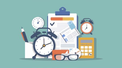 Organized Workspace Essentials: Clipboard, Clock, Calculator, Glasses, Pencil
