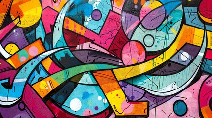 Colorful abstract graffiti on a brick wall. The graffiti is made up of various shapes and colors, and has a very modern and abstract feel to it. - obrazy, fototapety, plakaty
