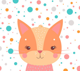 Childlike llustration of a fun cat with a colorful polka dot background