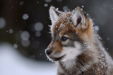 Fototapeta premium Playful Baby wolf in snow nature. Natural wild puppy. Generate Ai