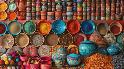 A vibrant and colorful display of spices, powders, and other goods in a market.