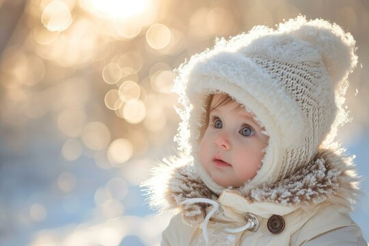 Curious Baby winter outdoor. Snow coat child. Generate Ai