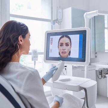 A dermatological exam where a medical professional uses a sophisticated device for detailed skin analysis, displayed on a digital monitor.