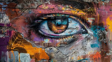 A close-up of a graffiti-covered wall with a large, painted eye. The eye is blue and brown with...