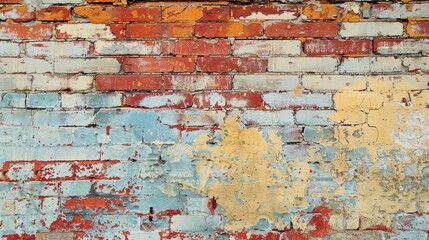 weathered brick wall painted in blue, yellow and red