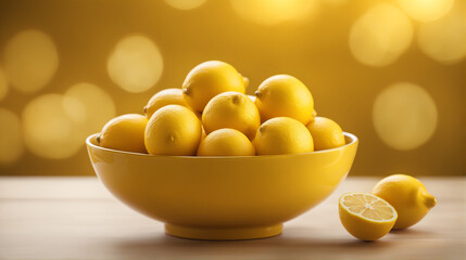Lemons in a yellow bowl on a wooden counter with yellow bokeh background - Generative AI - Powered by Adobe