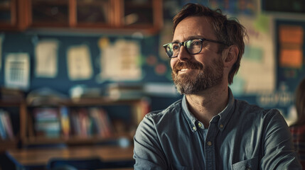 Teacher in a classroom incorporating sincere and professional style into his work environment. - obrazy, fototapety, plakaty