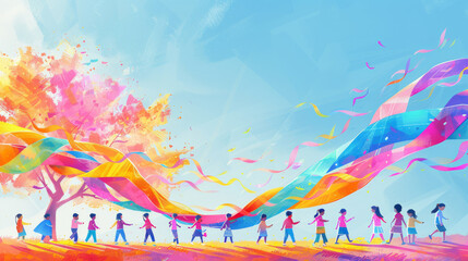 A group of children are playing with colorful kites in a field